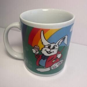 Vtg Bee International Easter Bunny Painting Egg Rainbow Coffee Mug Whimsy READ